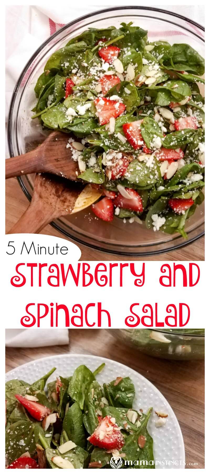 Try this delicious salad with spinach, strawberry, nuts and feta cheese! Takes only minutes to make and everyone will love it. #saladrecipe #spinachsalad