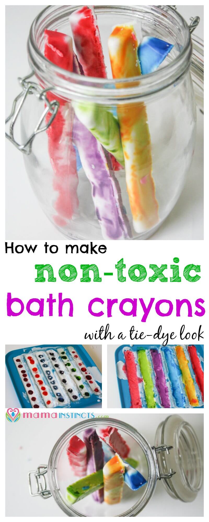 Make bath time fun with these non-toxic tie-dye crayons. They are easy to make, safe and kid-friendly. Click to find out how to make it or pin it for later. 