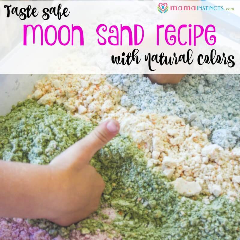 Try this taste safe moon sand recipe with your baby, toddler or kid. Add in a few toys or kitchen utensils for some sensory play fun that’s safe and non-toxic. This recipe only uses 2 ingredients + natural food dyes.