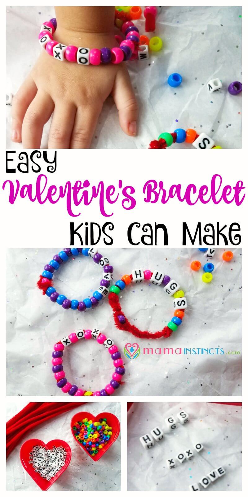Try this easy and fun activity for Valentine's day. It's a great way to practice fine motor skills and letter recognition for kids 3 and older. If you're child is younger they will love this activity too but they will need adult supervision since the beads are a choking hazard.