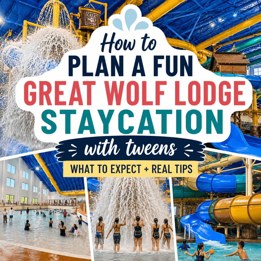 Great Wolf Lodge with tweens featured image showing indoor water park attractions, water slides, lazy river scenes, and kids enjoying the splash area with text reading: “How to Plan a Fun Great Wolf Lodge Staycation with Tweens – What to Expect + Real Tips.