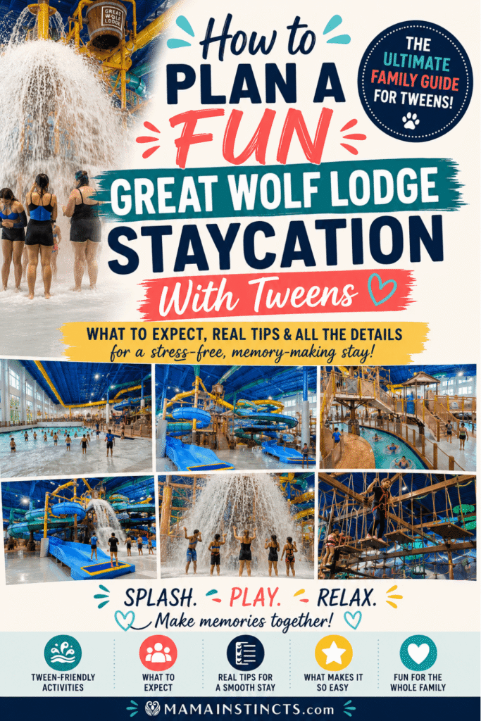 Pinterest pin titled “How to Plan a Fun Great Wolf Lodge Staycation With Tweens.” The pin features real photos from Great Wolf Lodge’s indoor water park including water slides, a wave pool, lazy river, splash areas, and adventure activities for older kids and tweens. Text highlights what to expect, real tips, tween friendly activities, and practical ideas for planning a fun and easy family staycation.