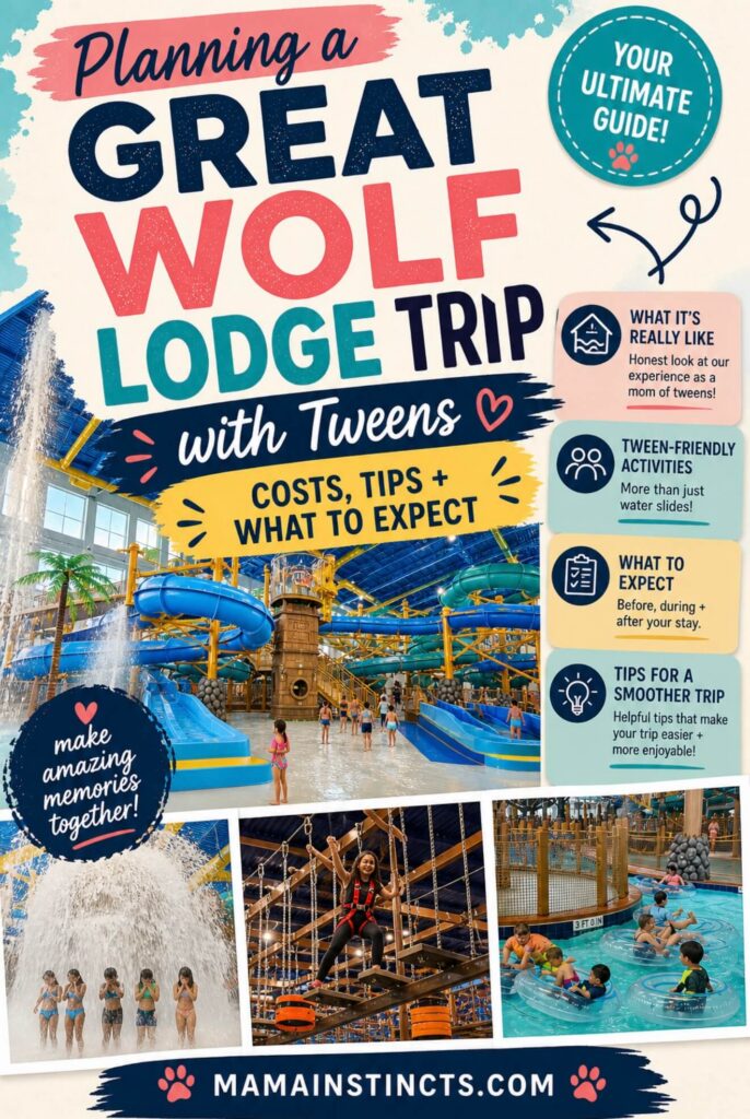 Great Wolf Lodge with tweens Pinterest graphic featuring water park attractions, ropes course activities, and planning tips for families.